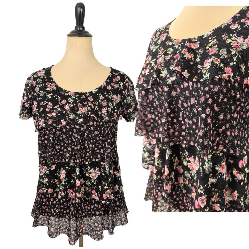 CDW Black Mesh Lace Floral Ruffle TOP sz M Pink Roses Tiered Y2K Fairy Cottage